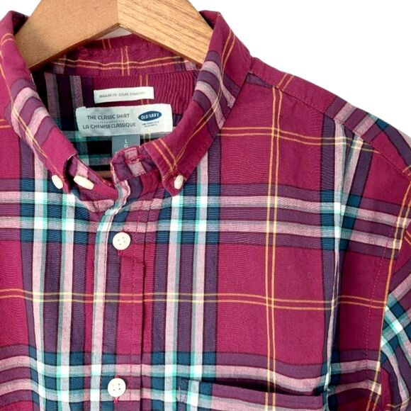 Old Navy Classic Fit Plaid Checkered Button-Down Shirt Sz L - Red Gold Navy Teal - Picture 8 of 14